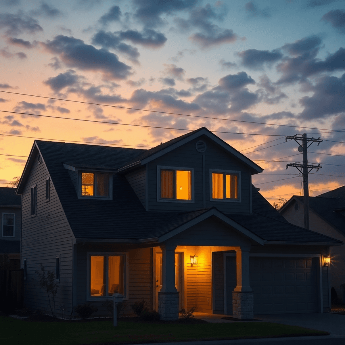A modern suburban home at dusk with dimmed lights, utility poles and power grid in the background under a partly cloudy sky, symbolizing a brownout.