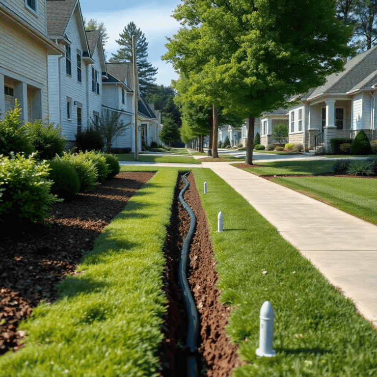 A modern suburban neighborhood with underground power lines marked subtly on the ground, featuring clean streets and no visible overhead wires.