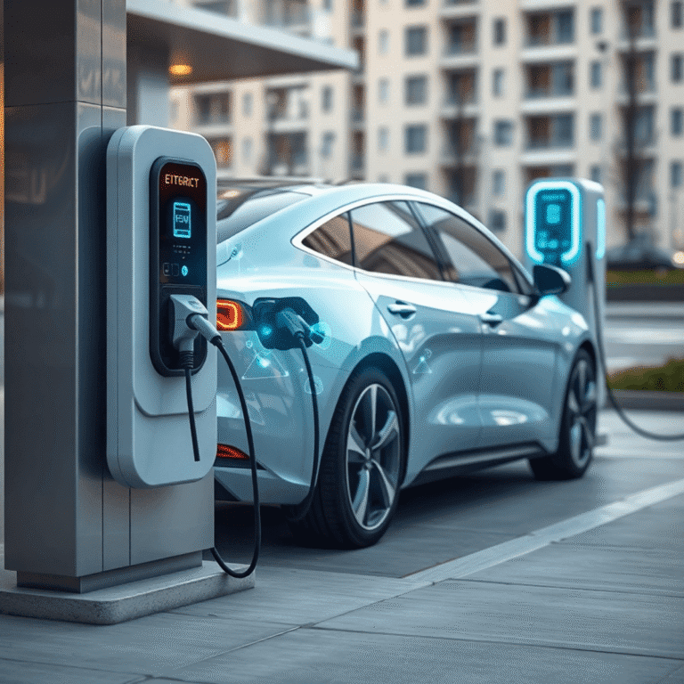 A sleek electric vehicle charging at a modern station with glowing digital signals, set against a clean urban background.