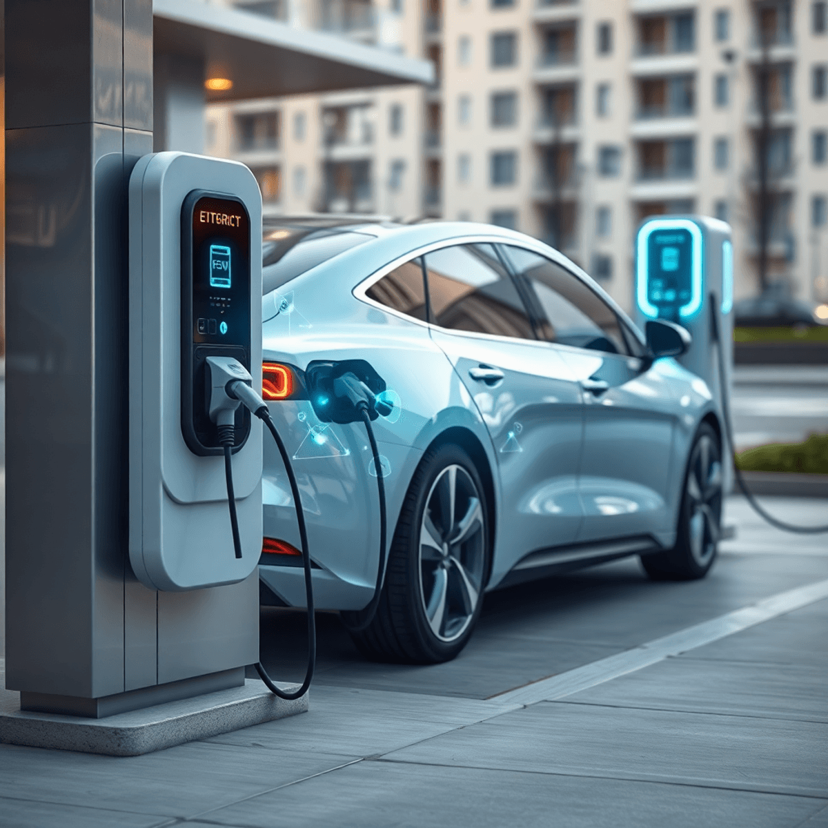 A sleek electric vehicle charging at a modern station with glowing digital signals, set against a clean urban background.