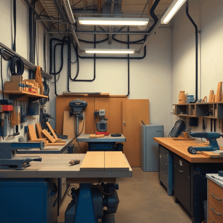 Bright, clean modern workshop with woodworking and metalworking tools, powered by three-phase wiring, showing stable energy flow. No people present.