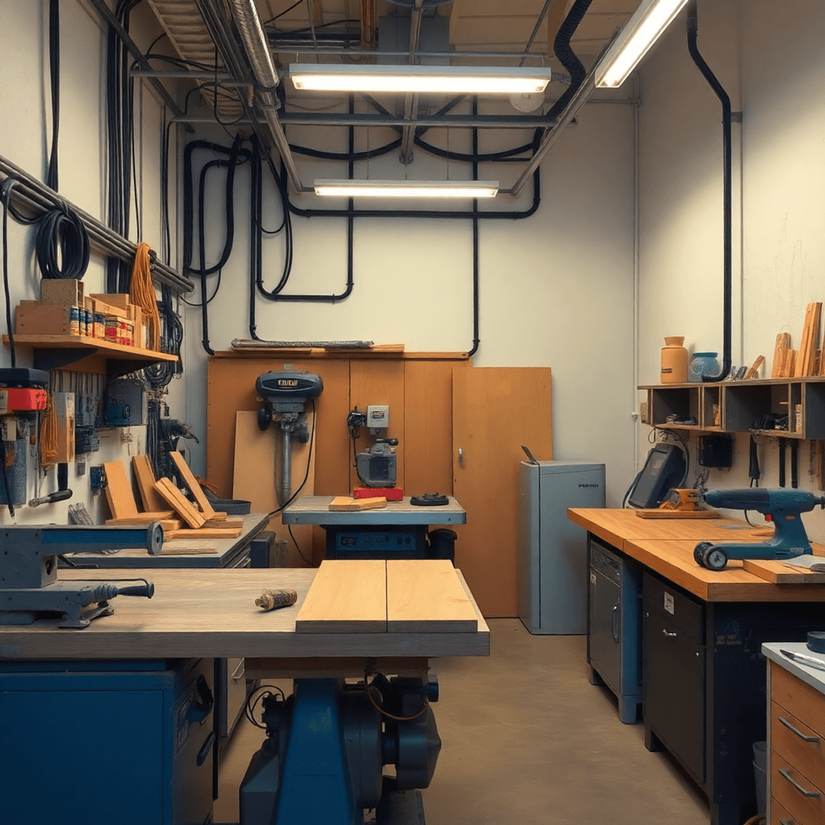 Bright, clean modern workshop with woodworking and metalworking tools, powered by three-phase wiring, showing stable energy flow. No people present.