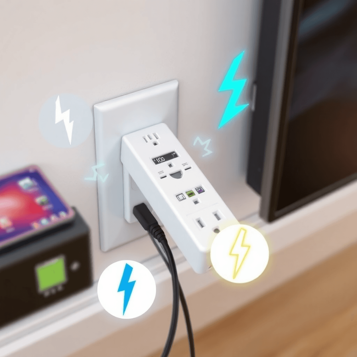 Close-up of a modern surge protector plugged into a wall outlet with devices connected, surrounded by lightning bolt graphics symbolizing power pro...
