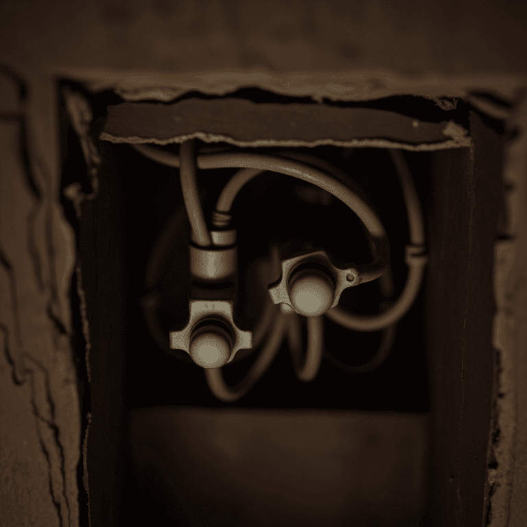Close-up of aged knob-and-tube electrical wiring with ceramic knobs and tubes inside a dimly lit wall cavity.