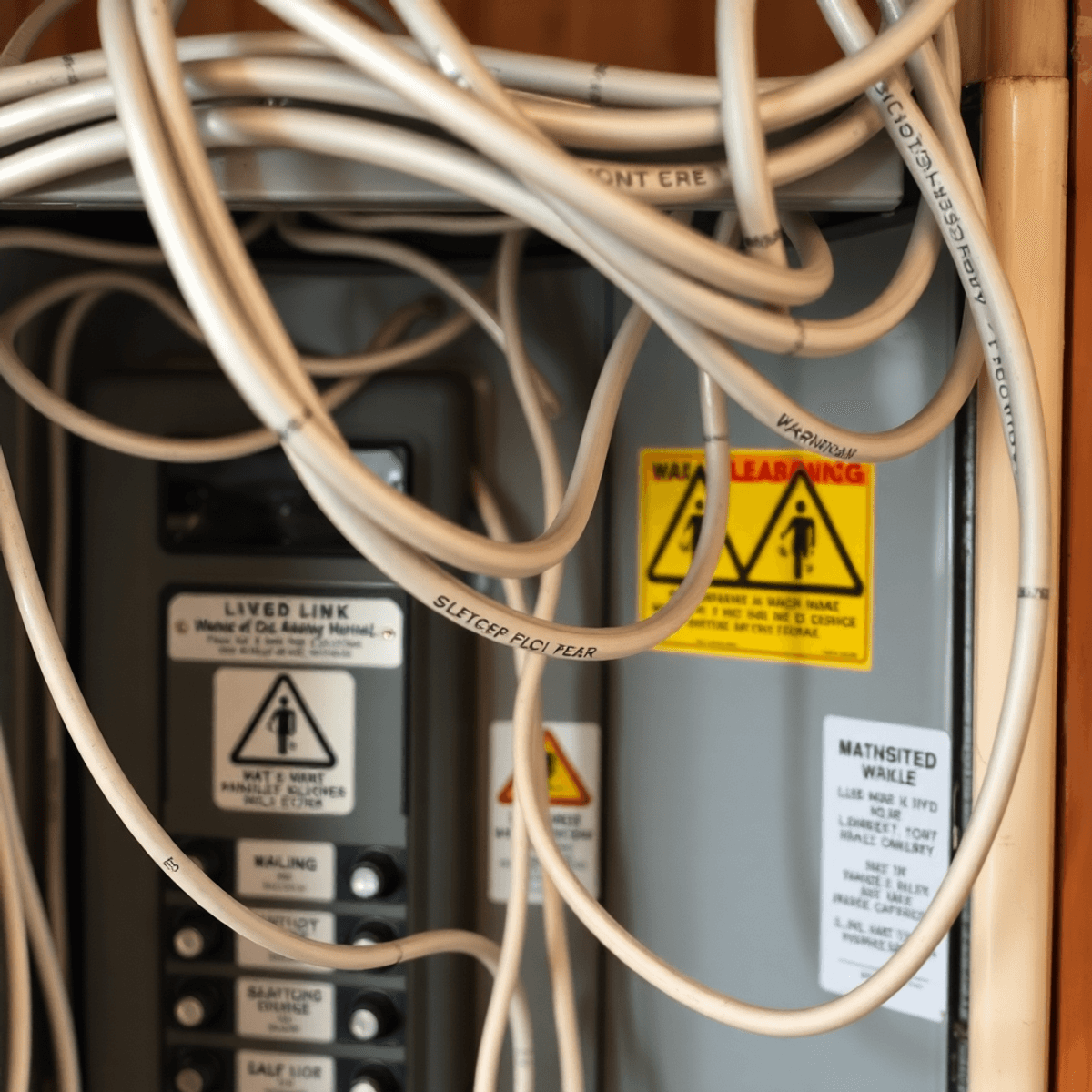 Close-up of aluminum electrical wiring connected to a residential electrical panel with safety warning signs.
