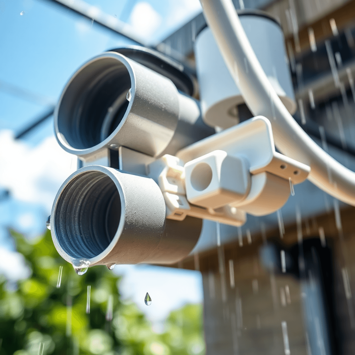 Close-up of outdoor electrical wiring in weather-resistant conduits with sunlight and rain, emphasizing protection and safety.