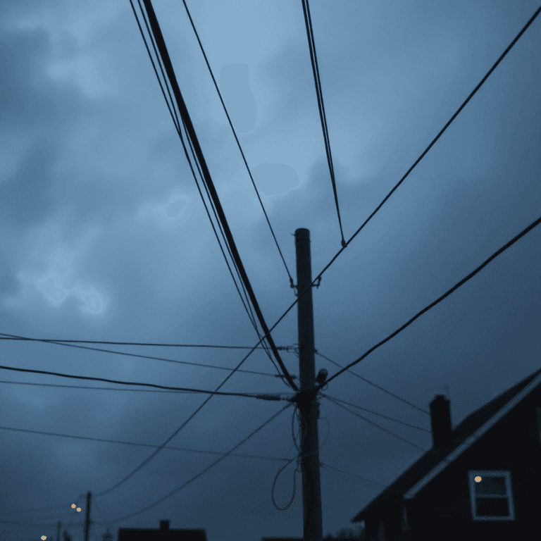 Close-up of power lines swaying in strong wind under a stormy sky, with faint lights flickering in a distant house.
