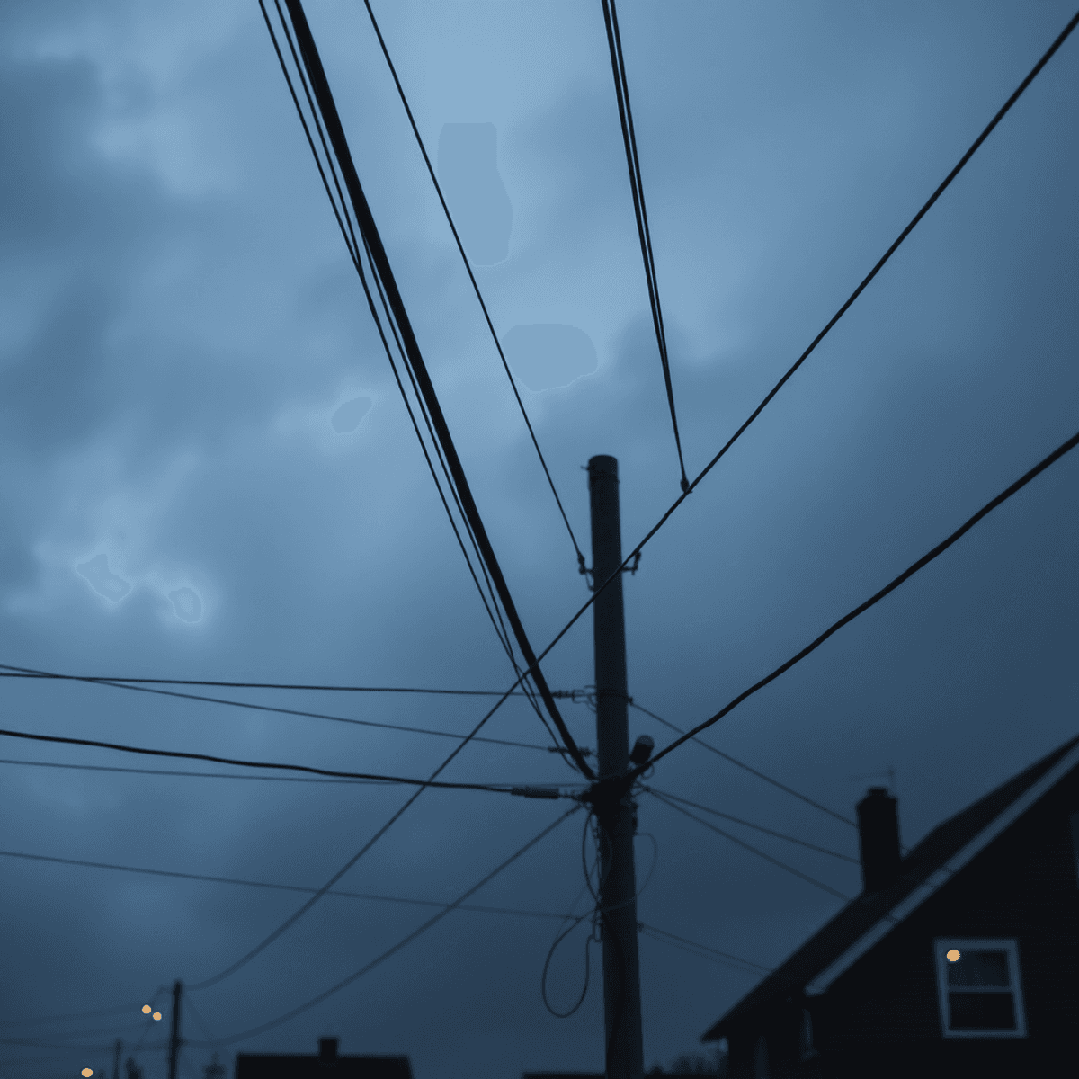 Close-up of power lines swaying in strong wind under a stormy sky, with faint lights flickering in a distant house.