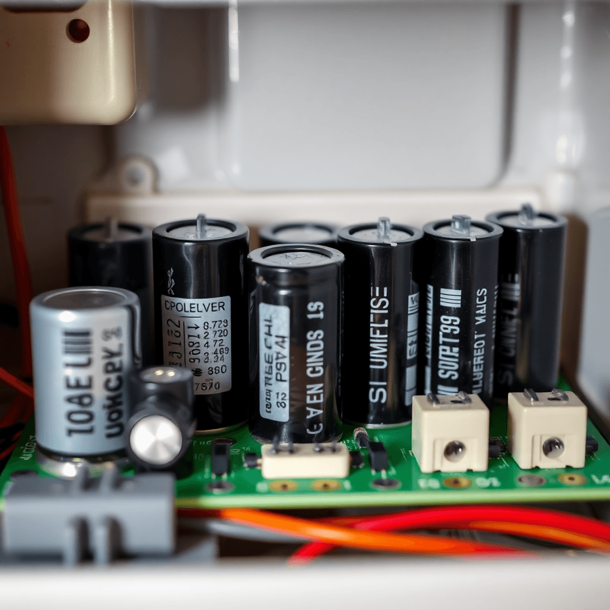 Close-up of various capacitors on a circuit board inside a household appliance with soft lighting highlighting their shapes and labels.