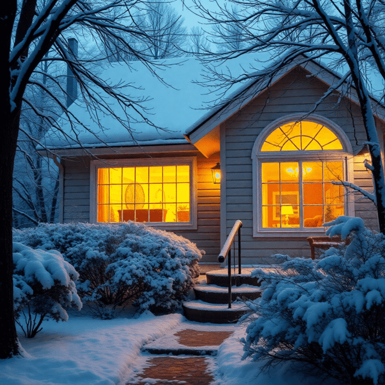 Cozy home with glowing lights seen through frosted windows, surrounded by snow-covered trees on a winter evening.