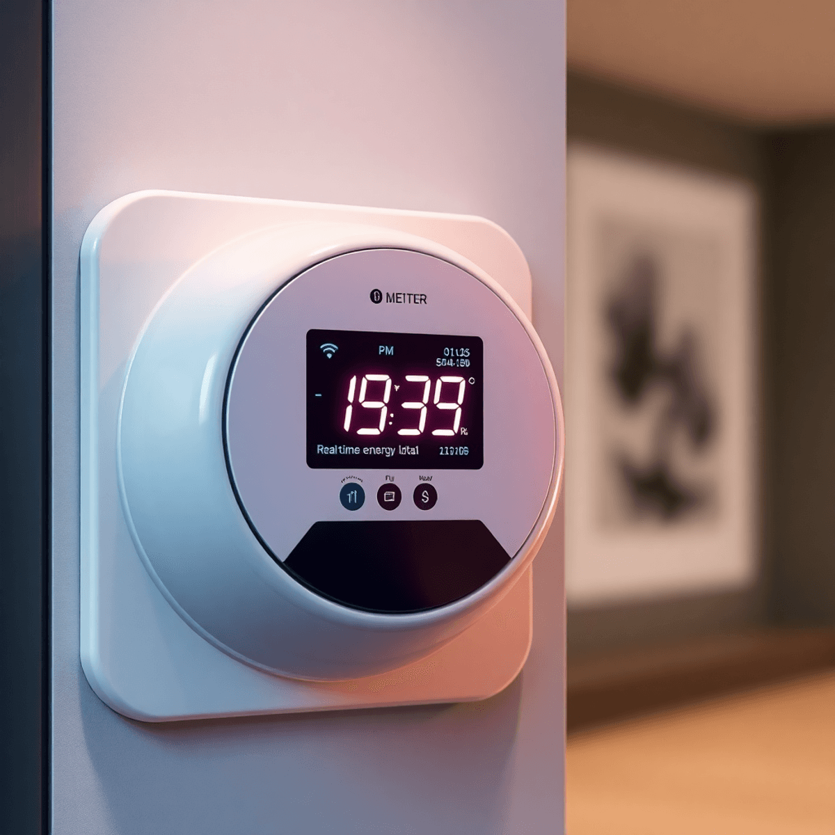 Digital smart meter on a modern home wall showing real-time energy usage with glowing numbers and wireless signal icons.