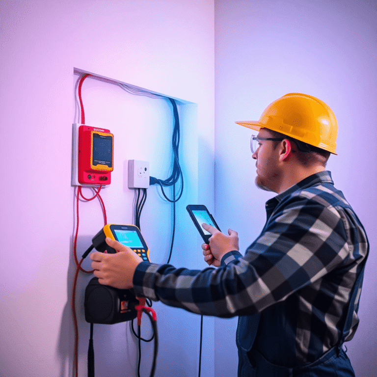 Electrician using advanced non-invasive testing equipment to inspect home wiring behind walls, highlighting modern technology and safety in residen...