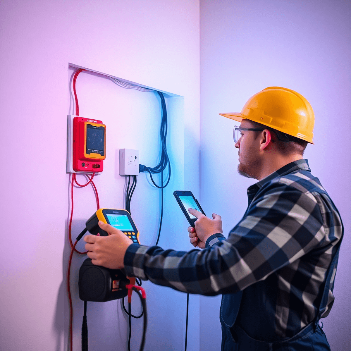 Electrician using advanced non-invasive testing equipment to inspect home wiring behind walls, highlighting modern technology and safety in residen...