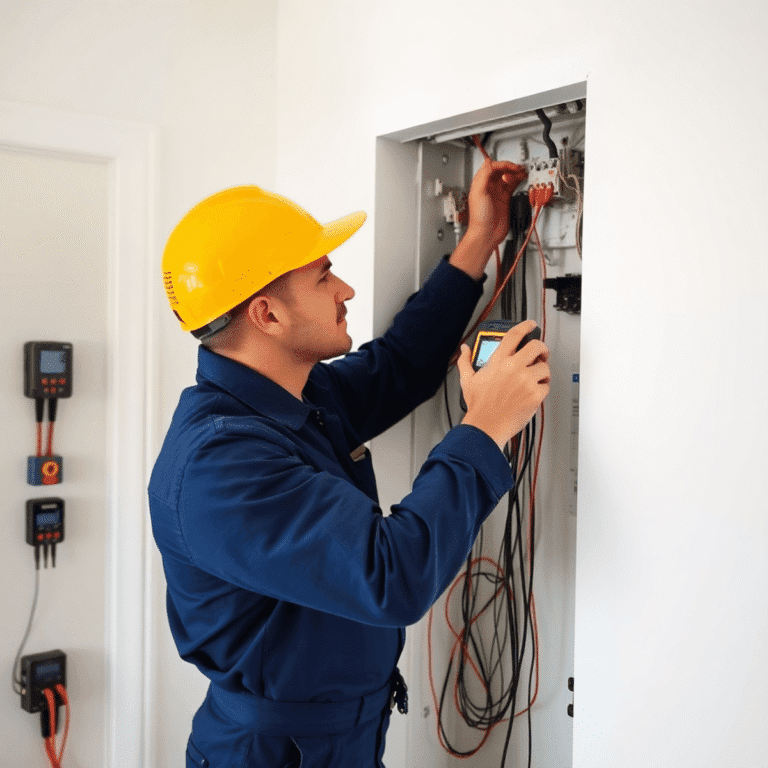 Electrician using fault tracing equipment to detect hidden cables behind a wall in a clean residential setting. Tools and digital meters visible.