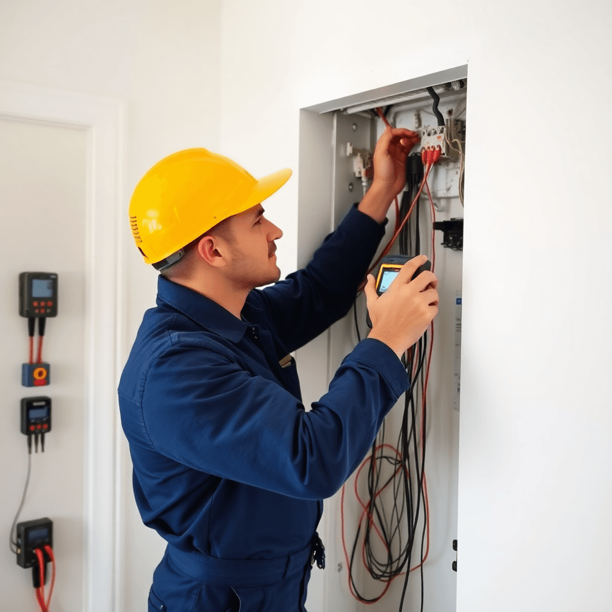 Electrician using fault tracing equipment to detect hidden cables behind a wall in a clean residential setting. Tools and digital meters visible.