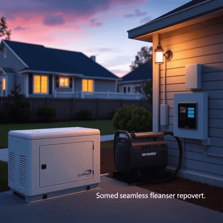 Modern backup generator system with automatic transfer switch panel outside a home at dusk, ensuring seamless power during an outage in a quiet nei...