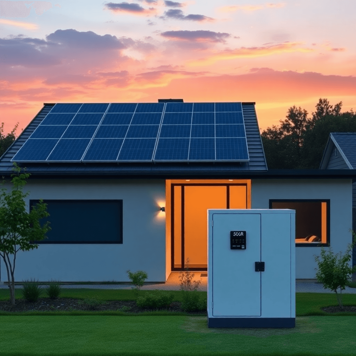 Modern home with solar panels and sleek solar battery unit at sunset, symbolizing clean energy and sustainable living.