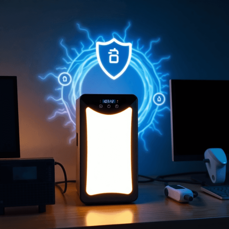 A modern UPS unit glowing softly on a desk beside a computer and medical device, with abstract electric waves and shield icons in the background.